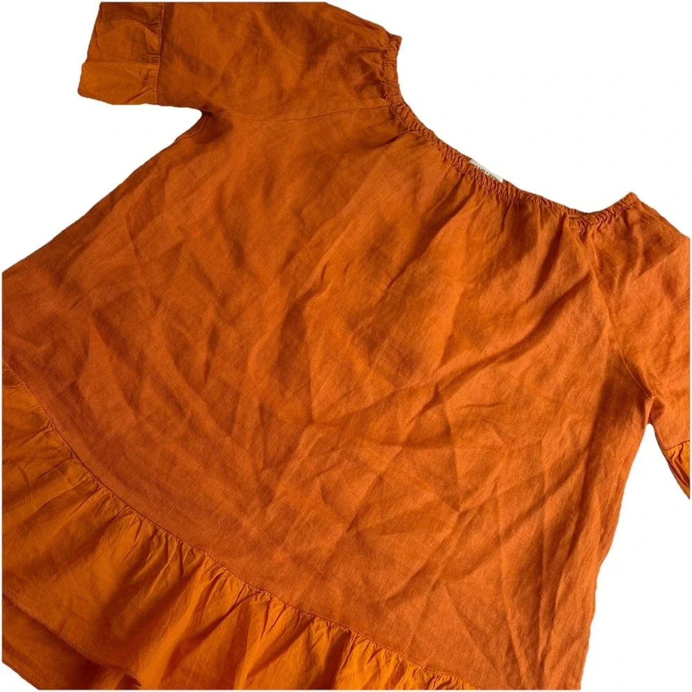 Terzo Millennio Italy 100% Linen Ruffle Top Orange Minimalist Coastal Peasant M - Picture 1 of 6